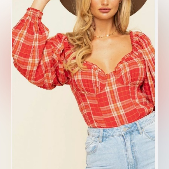 Free People red & orange plaid vintage crop top princess sleeves corset shape M - Picture 2 of 4